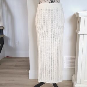 DKNY | Women's Ivory Crochet Knitted High-Waisted Half-Lined Midi Skirt